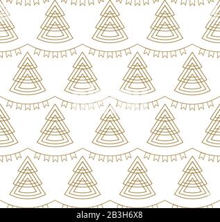 Nahtloses Geometrisches Muster Von Weihnachtsbäumen Und "Garlands Of Flags". Neues Jahr. Goldenes Muster Auf WEISSEM Hintergrund. Zur Dekoration, Textil, Stoff, Wr Stock Vektor