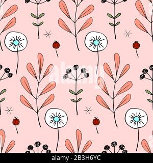 Nahtloses Blumenmuster. Handgezeichnetes Muster verschiedener Pflanzen, Blumen und Beeren mit schwarzem Umriss auf pinkfarbenem Hintergrund. Stock Vektor