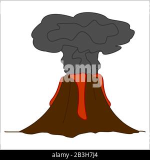 Vulkan mit Lava und einer Rauchsäule. Vulkanausbruch. Zum Drucken. Modernes flaches Vektorbild Isoliert auf weißem Hintergrund. Stock Vektor