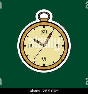 Vektor Runduhr. Aufkleber Mit Goldener Vintage-Uhr. Antike Uhr Mit Römischen Ziffern. Isoliert auf weißem Hintergrund. Stock Vektor