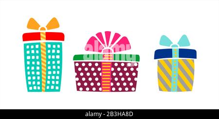 Bunte Kisten Mit Geschenken Zum Geburtstag, Weihnachten, Neujahr. Geschenkverpackung Für Feiertage. Set Mit Lustigen Geschenkschachteln. Vektorbild Isoliert Auf EINER weißen Ba Stock Vektor