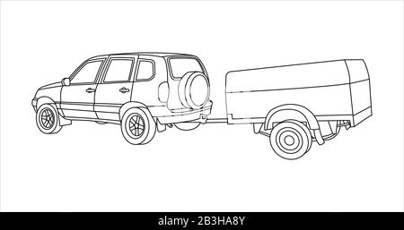 Outline Vector SUV Mit Anhänger. Stock Vektor