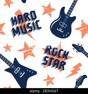 Rockmusik nahtloses Muster. Endloser Vektorhintergrund mit Rockmusikattributen für Babys T-Shirt Bekleidungsdesign Stock Vektor