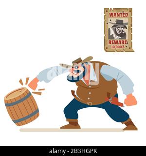 Wütende Cowboy-Bandit zerschmettern alles rund. Alt wild westlich. Cartoon-Vektor-Illustration. Flacher Stil. Isoliert auf weißem Hintergrund Stock Vektor