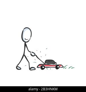 Rasenmäher durch Heuschrecke. Kürzen von Gras im Garten. Hand gezogen. Stickiger Zeichentrickfilm. Doodle Skizze, Vector Graphic Illustration Stock Vektor