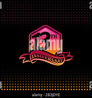 13. Jahrestag Feier Logo pink und gelb gefärbt dreizehn Jahre Geburtstags-Logo auf schwarzem Hintergrund. Stock Vektor