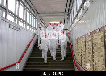 Visaginas, Litauen. Nov. 2019. Bei einem Rundgang durch das stillgelegte Kernkraftwerk Ignalina passiert eine Besuchergruppe einen ehemaligen Mitarbeiter des Kraftwerks auf einer Treppe. Ignalina ist baugleich mit dem Reaktor in Tschernobyl, der 1986 beschädigt wurde. Da der einst größte Pier der Sowjetunion in Litauen als Kulisse für die erfolgreiche Mini-Serie "Tscherniwzi" diente, ist Ignalina zu einer neuen Touristenattraktion im EU-Land geworden. (Zu dpa "Tscherniwzi" treibt Atomtourismus in Litauen und der Ukraine an") Kredit: Alexander Welscher / dpa / Alamy Live News Stockfoto