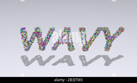 Buntes 3D-Schreiben von Welligem Text mit kleinen Objekten über weißem Hintergrund und übereinstimmendem Schatten Stockfoto