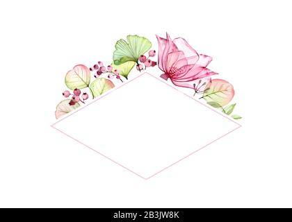 Aquarellrahmen mit Blumenmuster. Transparente Rosen, Blätter, Beeren und Eukalyptuszweige. Horizontales rhomb-Banner. Handbemalte Federzeichnung für Stockfoto