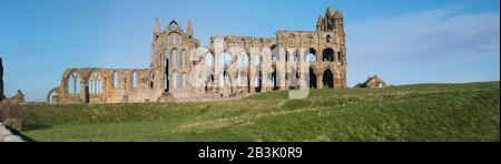 Überreste einer antiken englischen Abteiruine mit gotischer Architektur in ländlicher Landschaft Stockfoto