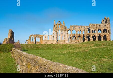 Überreste einer antiken englischen Abteiruine mit gotischer Architektur in ländlicher Landschaft Stockfoto