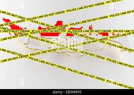 Indonesien-Kriminalkonzept, polizeiliche Ermittlungen. 3D-Karte Indonesiens. Karte der indonesischen Landgrenze mit Flagge. 3D-Rendering Stockfoto