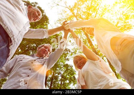 Erfolgreiches Business Team macht im Sommer hohe fünf in der Natur Stockfoto