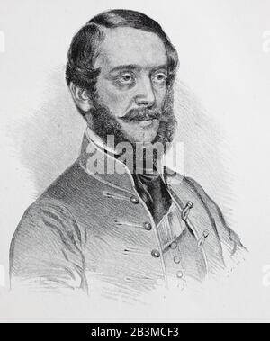 Lajos Kossuth de Udvard et Kossuthfalva, Louis Kossuth, 19. September 1802 - 20. März 1894, war ein ungarischer Adeliger, Rechtsanwalt, Journalist, Politiker, Staatsmann und Regierungspräsident des Königreichs Ungarn während der Revolution von 1848-49/Lajos Kossuth de Udvard und Kossuthfalva, Louis Kossuth, Kriegsvom 19. September 1802 bis 20. März 1894 ein ungarischer Adliger, Anwalt, Journalist, Politiker, Staatsmann und Gouverneur des Königreichs Ungarn trährend der Revolution von 1848 bis 1849, historisch, digital verbesserte Wiedergabe eines Originals aus dem 19. Jahrhundert / Digitale Reproduktion ein Stockfoto