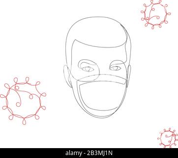 Eine medizinische Gesichtsmaske mit kontinuierlicher Linienzeichnung. Konzept des Coronavirus. Fortlaufende Einzelperson in Maske mit COVID-19-Symbolen. Eine Linie handgezeichnet Stock Vektor