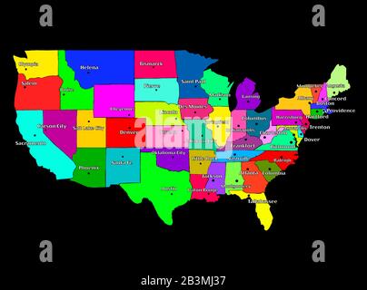 Karte der USA mit Regionen. Farbige Grafik mit Karte der USA. Amerikanische Karte mit Regionen. Karte mit abstrakten Farben. Stockfoto