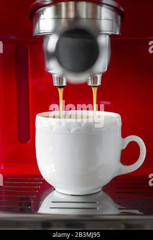 Einfaches Befüllen von Espresso mit Kaffeemaschine. Nahaufnahme, selektiver Fokus Stockfoto