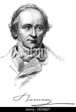 Christian Charles oder Karl Josias von Bunsen, 25. August 1701 - 28. November 1860, auch bekannt als Baron von Bunsen, war ein deutscher Diplomat und Gelehrter / Christian Charles oder Karl Josias von Bunsen, 25. August 1791 - 28. November 1860, auch bekannt als Baron von Bunsen, war ein deutscher Diplomat und Gelehrter, historisch, digital verbesserte Wiedergabe eines Originals aus dem 19. Jahrhundert / Digitale Produktion einer Originalanlage aus dem 19. Jahrhunderts Stockfoto