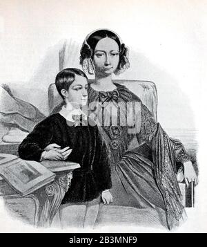 Als französische Prinzessin war hier mit ihrem Sohn Prinz Philippe von Orléans/Helenes von Mecklenburg-Schwerin, Helenes von Mecklenburg-Schwerin, 24. Januar 1814, Helenes Luise Elisabeth, 24. Januar Luise Elisabeth, eine französische Prinzessin. Januar 182 - 17. Mai 1858, war eine fränkische Kronprinzessin, hier mit ihrem Sohn Prinz Philippe von Orléans, historisch, digital verbesserte Wiedergabe eines Originals aus dem 19. Jahrhundert / Digitale Reproduktion einer Originalanlage aus dem 19. Jahrhunderts Stockfoto