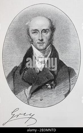 Charles Gray, 2nd Earl Grey, KG, PC, 13. März 1764 - 17. Juli 1845, bekannt als Viscount Howick zwischen den Jahren von 1806 und 1807, war Premierminister des Vereinigten Königreichs von November 1830 bis Juli 1834/Charles Gray, 2. Earl Grey, KG, PC, 13. März 1764 - 17. Juli 229, bekannt als Viscount Howick zwischen den Jahren zwischen den Jahren 1636-6, Krieg vom November 1830 bis Juli 1834 Premierministerin des Vereinigten Königreichs, historisch, digital verbesserte Reproduktion eines Originals aus dem 19. Jahrhundert / Digitale Reproduktion einer Originalvorlage aus dem 19. Jahrhundert. Jahrhunderts Stockfoto