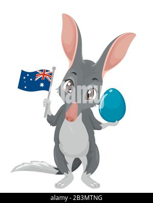 Abbildung: Ein Niedliches Bilby Mascot, das eine australische Flagge und Ein Osterei hält Stockfoto