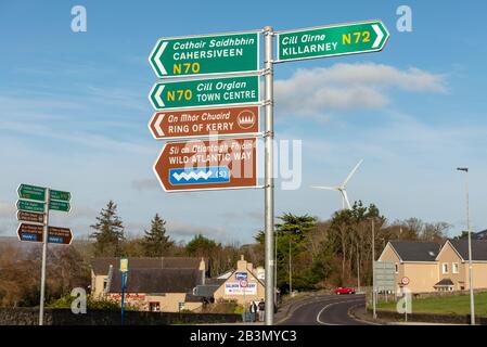 Zweisprachige oder zweisprachige Straßenschilder auf Englisch und Gälisch-Irisch für den Ring of Kerry und Wild Atlantic Way in der Nähe von Killorglin, County Kerry, Irland Stockfoto