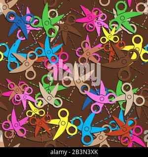 Nahtloses Muster von Scheren in verschiedenen hellen Farben auf braunem Hintergrund. Vektorbild Stock Vektor