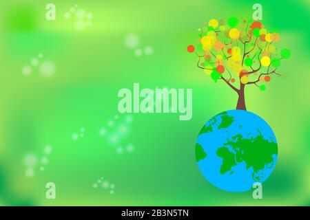 Baum- und Erdplanet. Earth Day.Ecology Konzept, umweltfreundlich. Rettet die Welt des Erdplaneten. Kontinente und Baum im grünen Hintergrund mit Copy-Space.Vector Stock Vektor