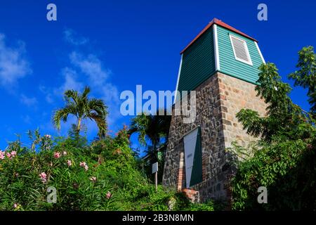 Schwedischer Kirchturm, Palmen und blühende Sträucher, Gustavia, St. Barthelemy (St. Barts) (St. Barth), Westindien, Karibik, Mittelamerika Stockfoto