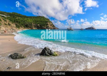 Shell Beach, in der türkisfarbenen Bucht verankerte Jachten, Menschen im Meer, Gustavia, St. Barthelemy (St. Barts) (St. Barth), Westindien, Karibik, Zentralamerika Stockfoto