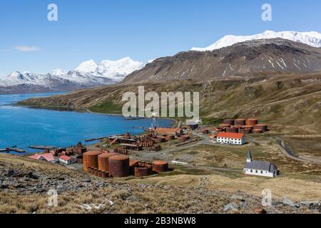 Die verlassene norwegische Walfangstation in Grytviken, die nun für den Tourismus gereinigt und geöffnet ist, Südgeorgien Insel, Polarregionen Stockfoto