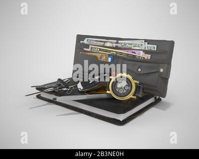 3D-Rendering von Autoschlüsseln für Herren mit Brieftasche auf grauem Hintergrund mit Schatten Stockfoto