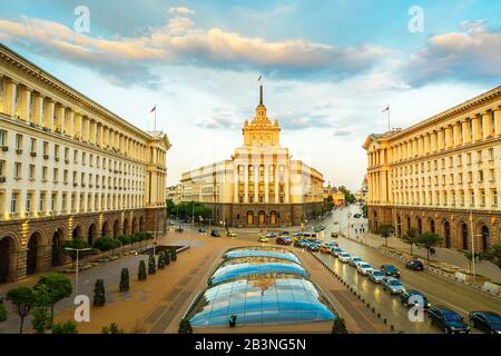 Blick nach Drohne auf das Gebäude der Nationalversammlung, Sofia, Bulgarien, Europa Stockfoto