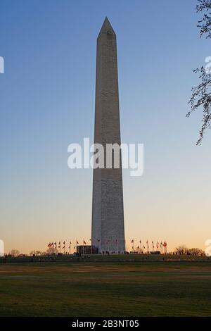 Washington, DC 22 FEB 2020 - Sonnenuntergang über dem Wahrzeichen Washington Monument Obelisk in Washington, DC mit amerikanischen Flaggen Stockfoto