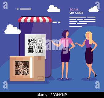 Scannen Sie den Code qr in einem Smartphone mit Geschäftsfrauen und Symbolen Stock Vektor