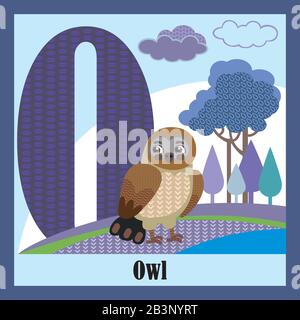 Vektorielle Zeichentrick-FlashCards tierischer Alphabete, Buchstabe O. Bunte Cartoon-Illustration von Buchstabe O und Eulenvektor-Zeichen. Helle Farben Tierwelt im Zoo Stock Vektor