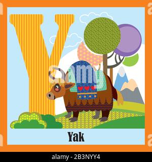 Vektorielle Zeichentrick-FlashCards tierischer Alphabete, Buchstabe Y. Bunte Cartoon-Illustration des Buchstaben Y und des Yak-Vektorzeichens. Helle Farben Tierwelt im Zoo Stock Vektor