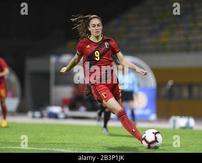 Die belgische Tessa Wullaert (9), die während des Fußballspiels zwischen den Nationalmannschaften Neuseelands, die als Football Ferns bekannt sind, und Belgien am ersten Spieltag des Algarve Cup 2020, einem prestigeträchtigen, freundlichen Frauenfußballturniers in Portugal David Catry/SPP, dargestellt wurde Stockfoto