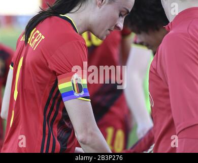 Die belgische Tessa Wullaert (9), die während des Fußballspiels zwischen den Nationalmannschaften Neuseelands, die als Football Ferns bekannt sind, und Belgien am ersten Spieltag des Algarve Cup 2020, einem prestigeträchtigen, freundlichen Frauenfußballturniers in Portugal David Catry/SPP, dargestellt wurde Stockfoto