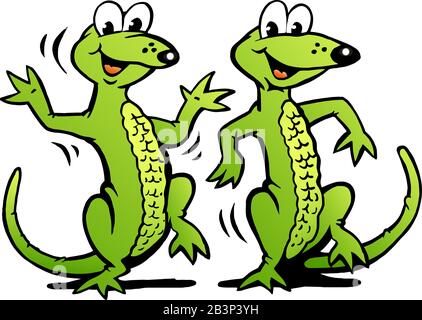 Vector Cartoon Illustration einer Zwei Happy Dancing Lizard Stock Vektor