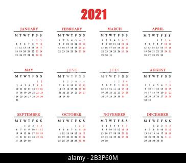 Kalender für 2021 auf weißem Hintergrund. Stockfoto