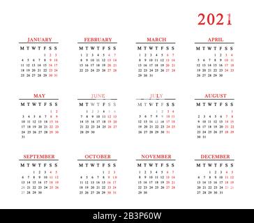 Kalender für 2021 auf weißem Hintergrund. Stockfoto