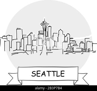 Seattle Stadtbild Vektor-Zeichen. Darstellung von Strichgrafiks mit Farbband und Titel. Stock Vektor