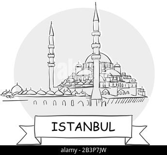Istanbul Stadtbild Vektor-Zeichen. Darstellung von Strichgrafiks mit Farbband und Titel. Stock Vektor