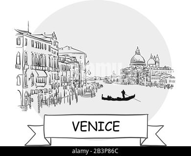Venedig Stadtbild Vektor-Zeichen. Darstellung von Strichgrafiks mit Farbband und Titel. Stock Vektor