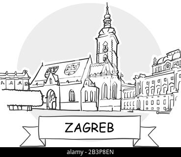 Zagreb Stadtbild Vektor-Zeichen. Darstellung von Strichgrafiks mit Farbband und Titel. Stock Vektor