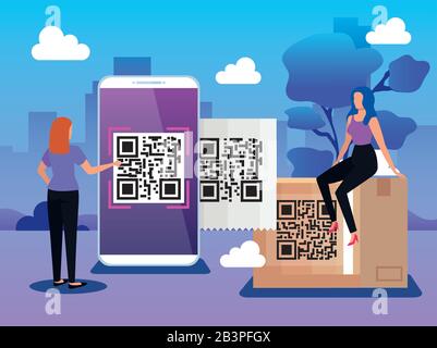 Scannen Sie den Code qr in einem Smartphone mit Geschäftsfrauen und Symbolen Stock Vektor