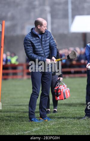 Der Herzog von Cambridge versucht seine Hand beim Hurling im Salthill Knocknacarra GAA Club in Galway, wo er mit der Duchess of Cambridge besucht, um am dritten Tag ihres Besuches in der Republik Irland mehr über den traditionellen Sport zu erfahren. Stockfoto