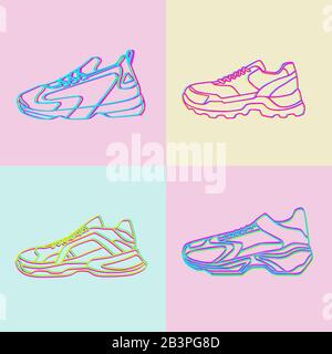 Vektorsymbol für Sneakers. Helle Neon Linearschuhe auf pinkblauem und gelbem Hintergrund.Einfache Abbildung von Fitness und Sport, Sportschuh. Schilderladen Stock Vektor