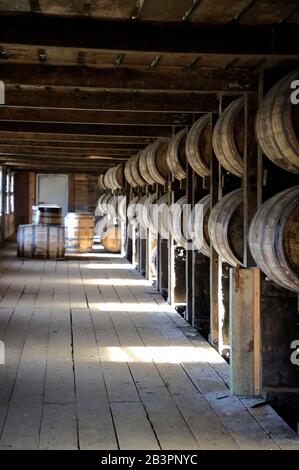 Whiskey-Fässer, die in einem traditionellen Lagerregal in Barton 1792 Distillery.Bardstown.Kentucky.USA gelagert werden Stockfoto